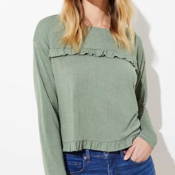 LOFT Sage Green Ruffle Sleeve Long Sleeve Blouse - Picture 1 of 10